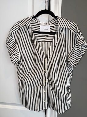 Frame Denim Black and White Vertical Stripe Button-Down Top